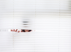A pair of eyes peeks out from behind window blinds
