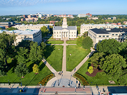An aerial shot of the Pentacrest on the University of Iowa campus