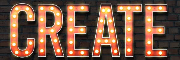 The word CREATE in lights on a dark background